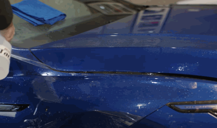 Paint protection film being carefully aligned and pressed along the hood edge of a blue car.