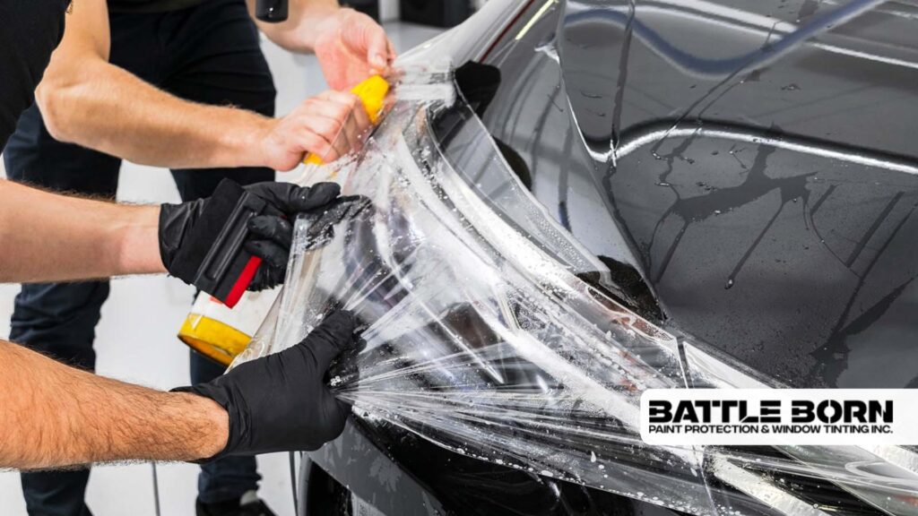 Two professionals install clear paint protection film on the headlight and fender of a black car, using squeegees and spray solution