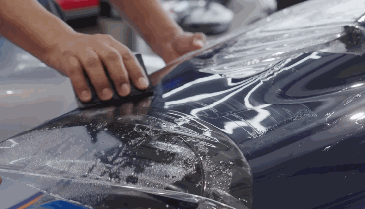 Close-up of a technician using a squeegee to smooth out replacement paint protection film over a glossy black vehicle panel.