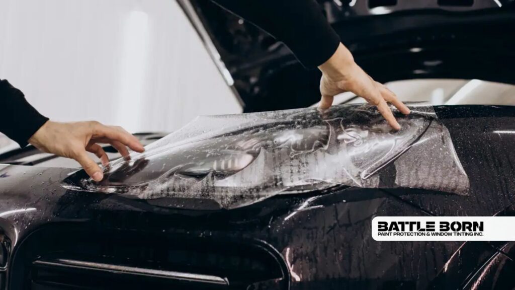 Technician carefully applying clear paint protection film across the front headlight and hood of a black vehicle while water solution helps position the film smoothly.
